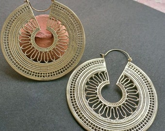 Large Brass Mandala Hoop Earrings, Ethnic Tribal Boho Jewelry