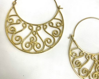 Ines Brass Hoop Medium Ethnic Earrings, Tribal Gold Brass Earrings, Boho Jewelry, Hoop Bohemian Earrings, Gift For Women, Hoop Earrings