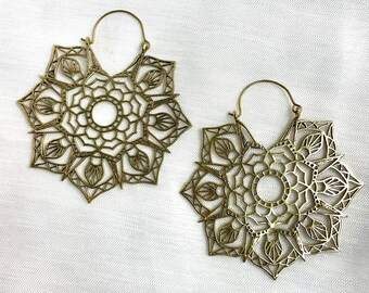 Lobi Hoops Mandala Earrings, Ethnic Earrings,Tribal Gold Brass Earrings, Boho Jewelry, Hoop Bohemian Earrings, Gift for Women, Hoop Earrings