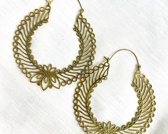 Yardili Hoops, Mandala Earrings, Ethnic Earrings,Tribal Gold Brass Earrings, Boho Jewelry, Hoop Bohemian Earrings, Gift for Women