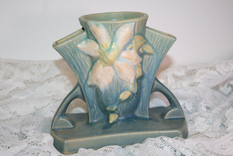 Roseville Clematis Vase 192 5 Blue Double Handle Triple Etsy