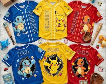 Personalisierte Pokemon Baseball Jersey, Anime Kinder Geburtstagsgeschenk, Familie Passendes Outfit, Individuelles Pikachu Shirt