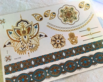 Gold Multi Colors Blue Metallic Ornate Lotus Flower Hamsa Mandala Armbands Boho Temporary Flash Tattoo Body Jewelry Tats Dance Festival