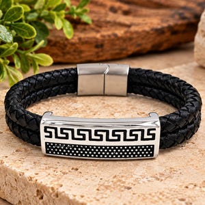 Men's Black Braided Leather Bracelet: Stainless Steel Greek Key Slider