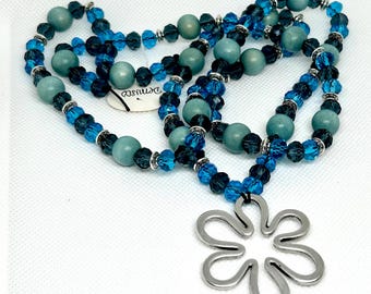 Blue Beaded Necklace: Handmade Silver Flower Charm, 36 Inch