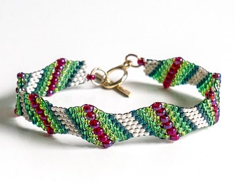 Pink and Green Flat Cellini Bead Bracelet, Seed Bead Bracelet, Beaded Bracelet, Woven Bracelet, Spring Jewelry, Colorful Bracelet