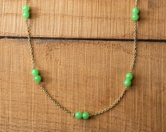 Green Glass on Gold Chain Necklace