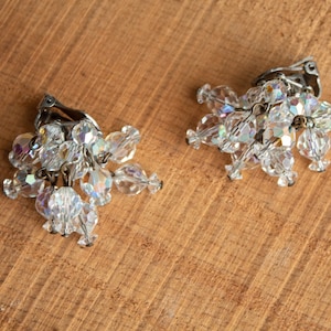 Vintage Aurora Borealis Crystal Waterfall Clip On Earrings