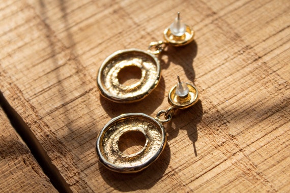 Vintage Textured Gold Double Drop Earrings - image 3