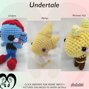 May include: Crocheted Undertale character dolls: Undyne, Alphys, and Monster Kid. Undyne is blue with red accents, Alphys is yellow, and Monster Kid is yellow and brown. The text "Undertale" is at the top. The text "CLICK ARROWS FOR MORE INFO>> PICTURES ENLARGED TO SHOW DETAILS" is at the bottom.