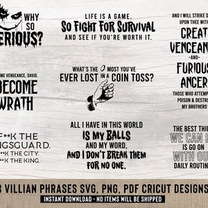 Movie Villian Phrases SVG cut files for Cricut & Glowforge, DIY crafts, tees, decor 8 Bundle. Why so Serious?