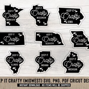 Houd het Craft Midwest States, SVG CUT-bestanden voor Cricut, Glowforge & DIY ambachten, tees, decor. 9 Bundel.