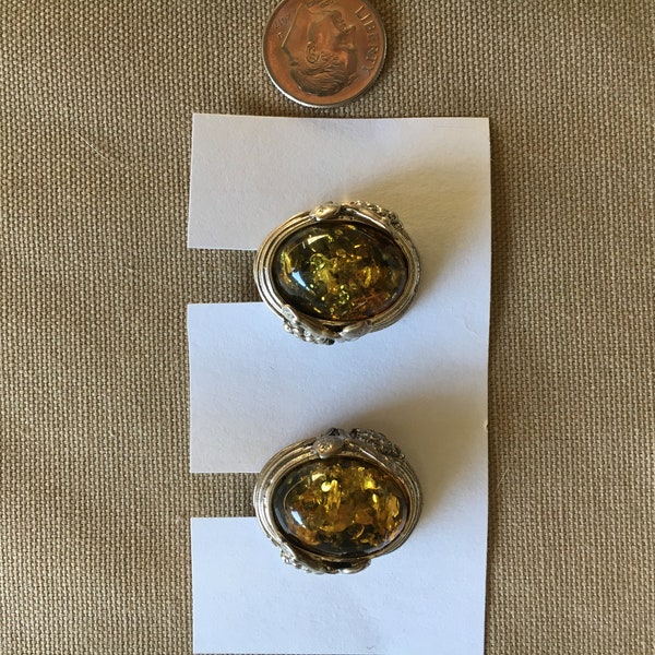 Vintage Sterling Silver Clip on Earrings of Amber Ovals