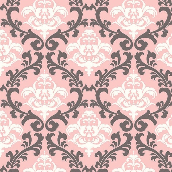 Pink and gray damask minky fabric by the yard