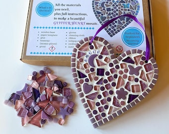 Personalised, Mosaic Craft Kit Kids Adults, Name Message, Pink  Purple Glitter Heart, Make Your Own D.I.Y, Learn To Mosaic, Creative Gift