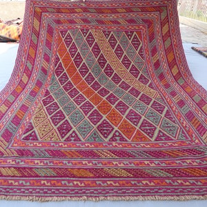 7x9 ft Vintage Afghan Mashwani Rug, Handmade Wool Antique Area Rug, Pink Purple Orange Green Bedroom Rug - Living Room Rug - Oriental Carpet