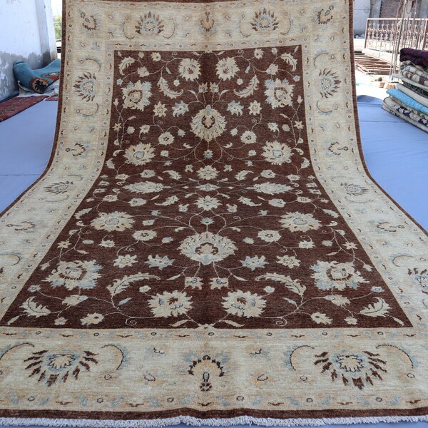 Afghan Oushak Rug 6'2x9'10 ft Hand Knotted Wool Area Rug, Natural dyes Maroon Brown Beige rug, Contemporary Turkish Rug - Rugs for Bedroom