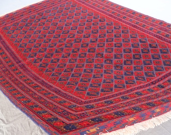 7x10 Afghan Rug, Mashwani Tribal Rug, Handmade Wool Rug, Navy Blue Red Vintage Area Rug, Oriental Turkmen Rug, Living Room Rug, Bedroom Rug
