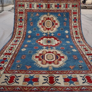 4x6 Blue Kazak Area Rug - Afghan Hand Knotted Natural veg dyes Wool Oriental Rug - Rugs for Living Room - Bedroom Rug - Contemporary Carpet