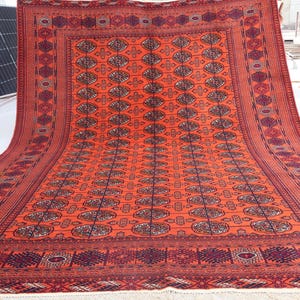Collectors piece 6&#39;8x9 ft Antique Ersari Rug, Orange Rust Red Afghan Hand Knotted Wool Area Rug, Oriental Vintage Bukhara Rug, Bedroom Rug