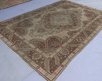 1900s Antique Rug 6'3x9'7 ft Muted Terracotta Rug, Afghan Medallion Rug, Low Pile Handmade Wool Rug, Caucasian Tribal Rug, Living Room Rug