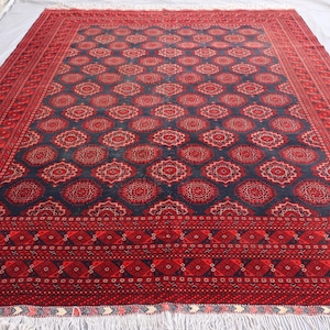 10x13 Large Vintage Geometric Bukhara Rug, Afghan Fine Handmade Wool Oriental Red Rug, Turkmen Tribal Rug, Bedroom Rug, Big Living Room Rug