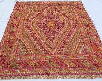Tappeto quadrato vintage 4x4, tappeto quadrato in lana afghana fatto a mano, tappeto di design Mashwani Berjesta, tappeto tribale antico, tappeto orientale, tappeto per camera da letto