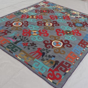 5&#39;8x6&#39;4 ft Handmade Uzbek Suzani Kilim Rug Gray Blue Handwoven Afghan Vintage Kilim Rug, Turkmen Tribal Geometric Rug, Flatweave Boho Carpet