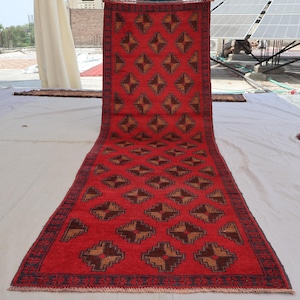 9 ft Long Runner Rug, Red Vintage Runner Rug, Geometric Afghan Bukhara Rug, Handmade Wool Rug, Oriental Turkmen Rug, Hallway, Kitchen Runner