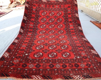 4x6 ft Afghan Vintage Bukhara Rug, Turkmen Handmade low pile Wool Area Rug, Tribal Red faded Rug, Oriental Antique Rug, Bedroom, Kitchen Rug
