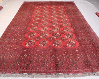 1960s Antique Rug 6'6x9'7 ft Turkmen Tekke Ersari Rug - Afghan Handmade Wool Area Rug - 7x10 Red Vintage Oriental Rug - Living Room Carpet