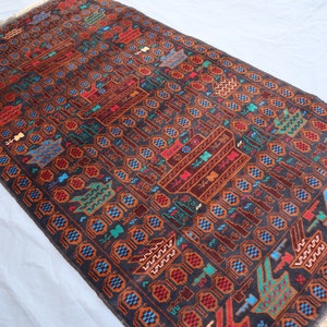 Vintage Pictorial rug, 4x7 ft Multicolor Handmade High Pile Soft Wool rug, Antique Afghan Baluchi rug, Art deco Home decor Rug Kids Room rug