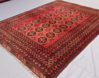 Tapete 5x7 em tom vermelho ferrugem antigo, tapete de lã feito à mão, tapete tribal, tapete geométrico afegão, tapete oriental vintage desbotado com design caucasiano, tapete para quarto.