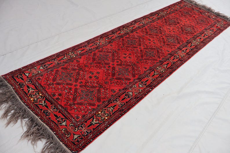 1960s Antique Rug, 2'9x9 Ft Afghan Handmade Geometric Design Bukhara