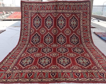 6&#39;7x9&#39;4 ft Antique Caucasian design Bukhara Rug, Red Afghan Handmade Vintage Wool Geometric rug, Oriental Rug, Living Room Rug, Bedroom Rug