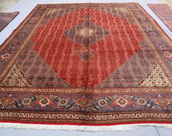 1960er Antiker 10x13 Rostroter Medaillon Teppich, Großer Vintage Kaukasier Teppich, Handgefertigter Türkischer Heriz Teppich, Wohnzimmer Teppich
