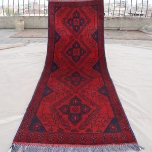2x5 Runner Rug - 1&#39;9x5 ft Red Vintage Afghan Bukhara rug - Handmade Wool Turkmen Runner Rug - Oriental Rug - Kitchen Runner - Hallway runner