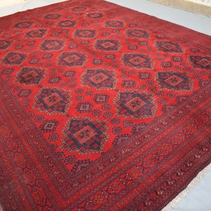 10x13 Large Vintage Rug, Afghan Hand Knotted veg dyes Soft Wool Geometric Rug, Turkmen Tribal Area Rug, Living Room Rug, Oriental Red Carpet