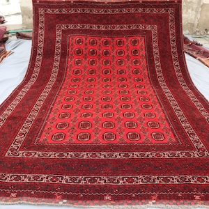 1960s Antique Waziri Rug 7x9 Red Vintage Afghan Hand Knotted Wool rug, Elephant foot design Tribal Rug, Oriental Area Rug, Living Room Rug