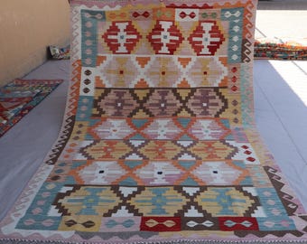 6x8 ft Afghan Flatweave Kilim Rug, Handmade Wool Carpet, Turkmen Tribal Rug, Beige Purple Orange Geometric Rug, Bedroom Rug, Living Room Rug