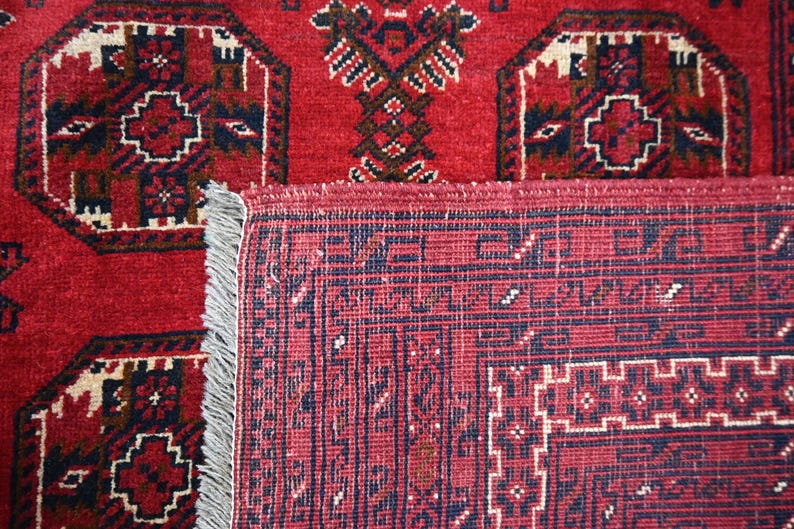 May include: Close-up of a red oriental rug with intricate geometric patterns in navy blue, white, and brown. The rug has a detailed border and a fringed edge, showcasing traditional craftsmanship.
