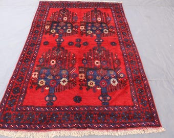 5x7 Red Vintage Rug, Flower Pot design Tribal Rug, Afghan Handmade Wool Rug, Oriental Rug, Living Room, Kitchen, Office, Kids Rug, 4'5x6'10"