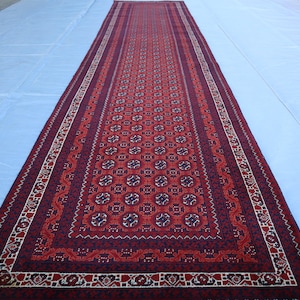 13 ft Bokhara Runner Rug, Afghan Hand Knotted Veg dyes Wool Runner Rug, Turkmen Tribal Rug, Oriental Red Runner, Hallway Runner Rug 3x13 ft