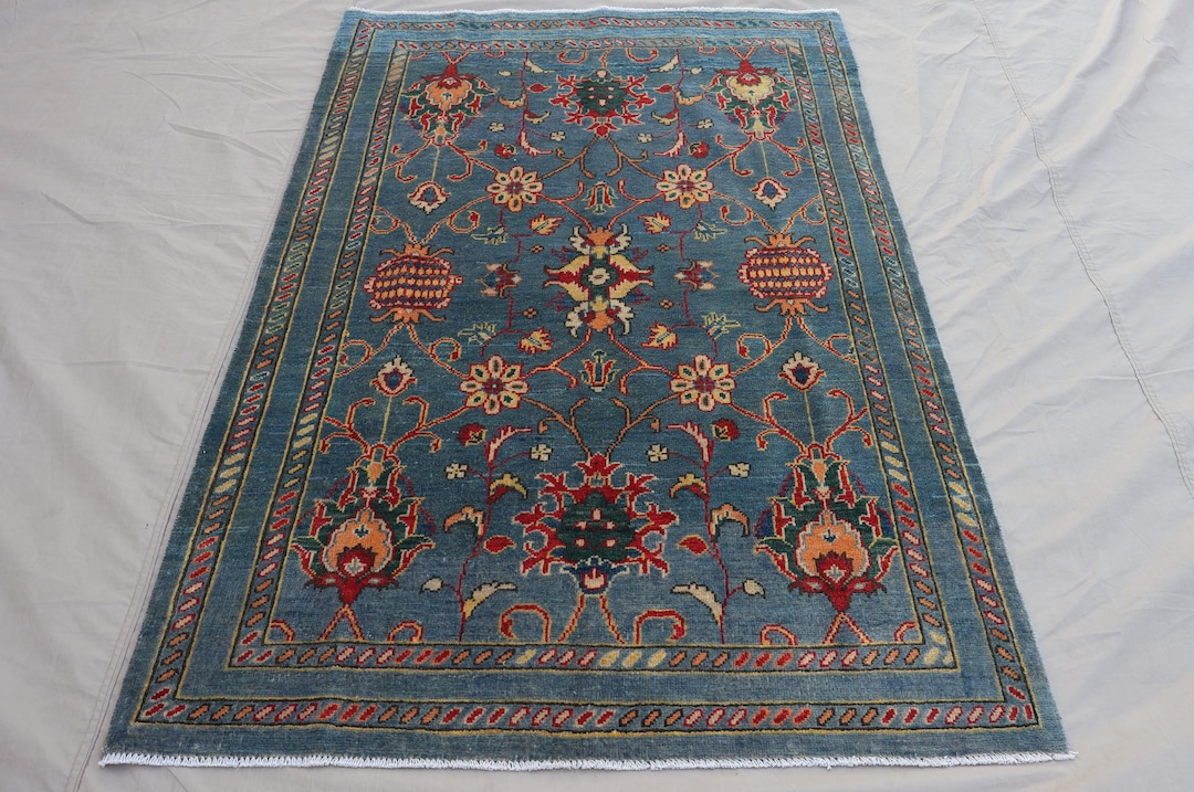 4x6 Blue Afghan Rug, Natural Dyes Bidjar Sultani Rug, Hand Knotted Wool ...