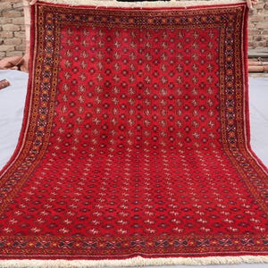 4x5'6" One of a kind Vintage Red Area Rug Turkmen Handmade Rug, High Pile Soft Wool Rug, Oriental Bukhara Rug, Afghan Tribal Rug for Bedroom