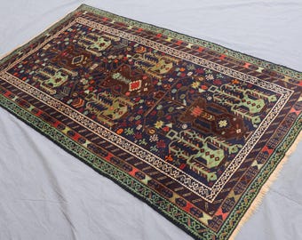 Collectors piece 4x7 Afghan Vintage Rug, Navy Blue Green, Hand Knotted Wool Rug, Antique Tribal Rug, Oriental Area Rug, Office, Kitchen Rug