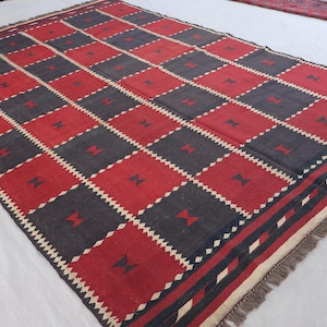 7x10 Vintage Turkmen Soumak Rug, Dark Colors Afghan Handmade Wool Rug - Striped Baluch Flatweave Kilim Large Boho Area Rug, Living Room Rug