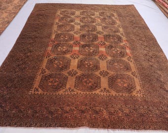 Tappeto antico grande 7x10 anni '20, tappeto afgano in terracotta, tappeto di lana fatto a mano, tappeto tribale turcomanno Tekke Ersari, tappeto da camera da letto a pelo corto sbiadito, 6'8x9'4