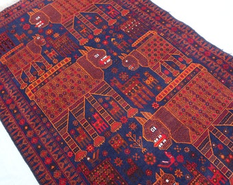 4x6 Animal Pictorial Rug - Afghan Vintage Baluch Rug - Handmade Wool Rug - Oriental Turkmen Antique Rug - Orange Brown Red - Kids Room Rug