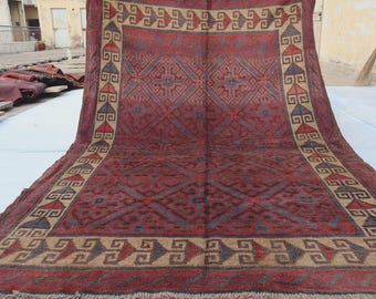 Alfombra antigua marrón óxido rojizo de 1,65 x 2,44 m, alfombra afgana Maldari Baluchi, alfombra tribal de lana hecha a mano turcomana, alfombra oriental vintage descolorida, alfombra para dormitorio.